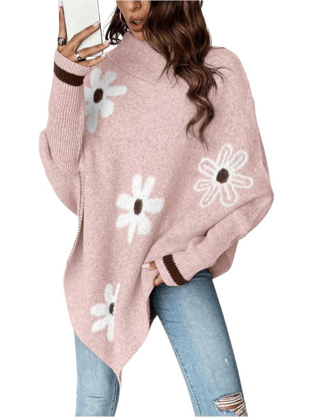 Floral Oversized Poncho Sweater - Long Sleeve Turtleneck Pullover for